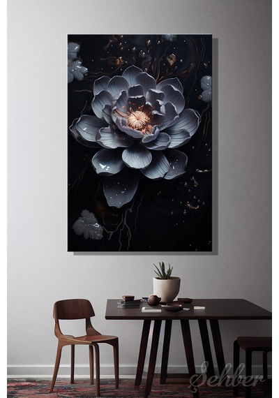 Dekoratif Dikey Kanvas Tablo Tekli Lokanta Kafe Restoran Mutfak Siyah Lotus Nilüfer Çiçek 1444
