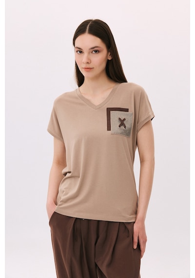 Daido Kadın V Yaka Düşük Kollu Penye T-shirt 6226 Sütlü Kahve