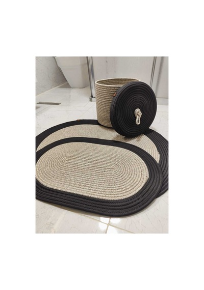 Jüt Hasır 3 Lü Banyo Paspas Takımı Bohem Tarzı Banyo Takımı Paspas:50x80/ 40x60 /sepet/25x25 Taş Siyah Taş Siyah