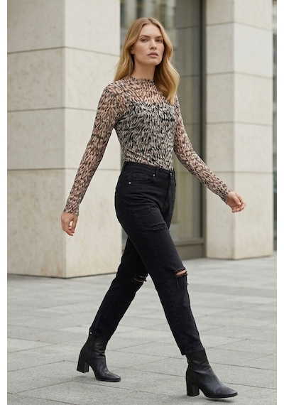 Kadın Leopar Desenli Transparan Bluz Tül Uzun Kollu Slim Fit Body Bluz