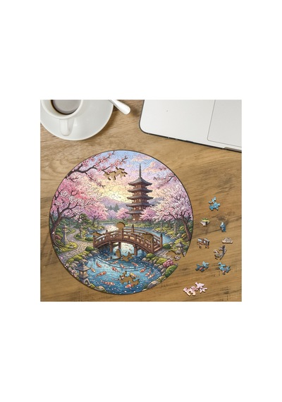 Japon Manzarası - Kiraz Çiçekleri Tasarımlı Özel Kesim Yuvarlak 272 Parça Ahşap Puzzle Mpda692