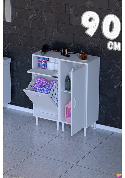 Lina 90 Cm Çok Amaçlı Banyo Dolabı Ve Çamaşır Sepetli Düzenleyici Beyaz 45+45 X97x32 Cm