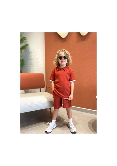 Süslü Kids Erkek Çocuk Waffle Kumaş Polo Yaka Şortlu Takım Turuncu
