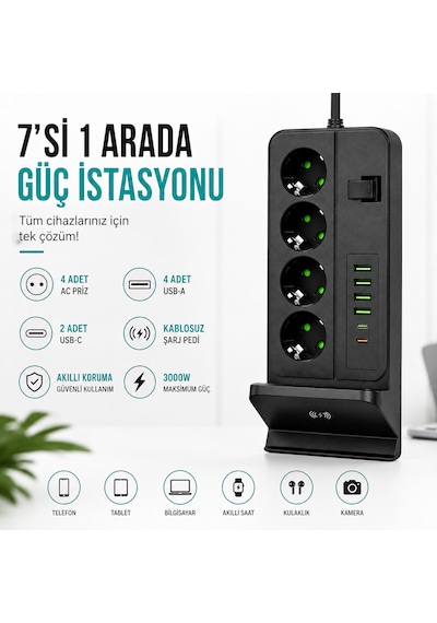 4'lü Akım Korumalı Masaüstü Priz 4 Usb-a + 2 Type-c Hızlı Şarj Kablosuz Şarj Standlı 2 Metre Kablolu Çoklu Priz 0 - 2 M
