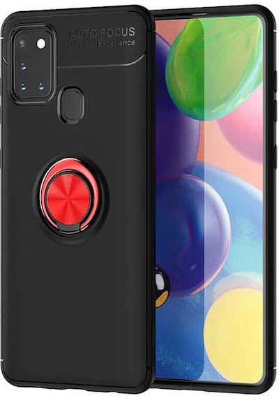 Kilifone - Galaxy A21s Uyumlu Kılıf Koruyucu Yüzüklü Karbon Ravel Silikon Kapak - Siyah-kırmızı - T13909