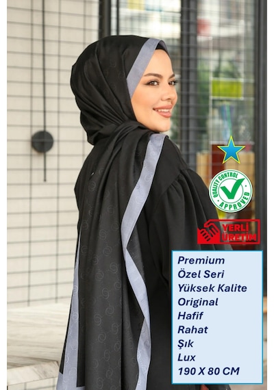 Premium Lux Original Monogram Şal İpek Vual, Yüksek Kalite, Hafif, Rahat, Şık, Tesettür, Shawl Siyah - Gri