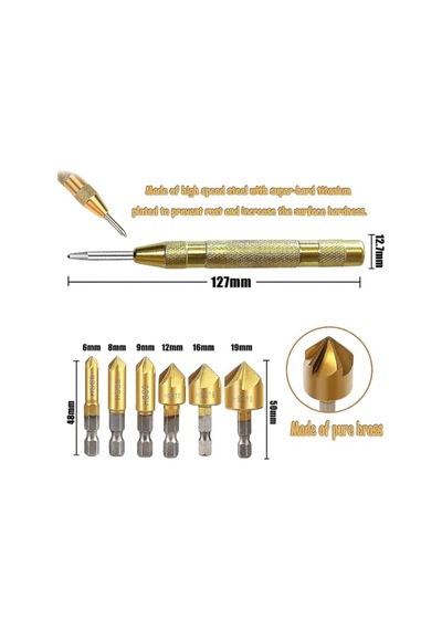 6 Parça Havşa Matkap Ucu Seti + Otomatik Punta Ahşap Mdf Metal Pah Kırma Havşa Açma Seti