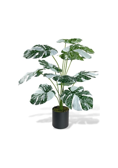 Yapay Çiçek Saksıda Monstera Yeşil Beyaz Deve Tabanı 12Dal 70cm S