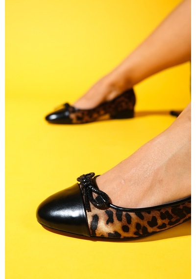 Luvishoes Luvi Shoes Julien Siyah Sarı Desenli Fiyonklu Kadın Topuklu Babet Ayakkabı Siyah - Sarı