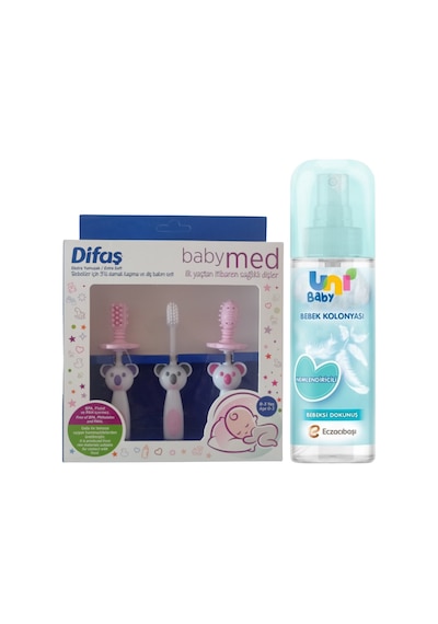 Uni Baby Bebek Kolonyası Bebeksi Dokunuş 150 Ml + Difaş Bebekler İçin 3'Lü Damak Kaşıma Ve Diş Bakım Seti Pembe