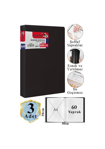 Siyah Sunum Dosyası 60 Lı 3 Adet Poşet Dosyalı Katalog Dosyası 60 Poşetli Kendinden Dosya Plastik Kapaklı Siyah