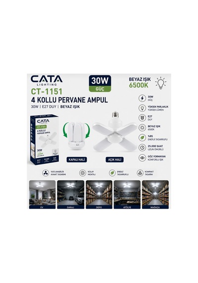 Cata Ct-1151 30 Watt Pervane Led Ampul E27 Beyaz 4 Kanatlı Katlanır Garaj Depo Atölye Aydınlatma Tekli