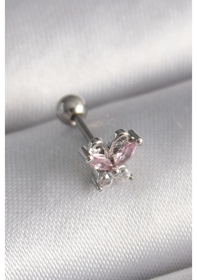 316l Çelik Gümüş Renk Pembe Zirkon Taşlı Kelebek Tragus Piercing Çok Renkli