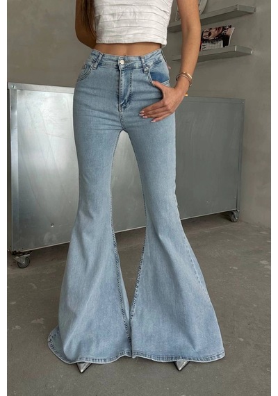 Extra Geniş Paça Yüksek Bel Likralı İspanyol Jeans Buz Mavi