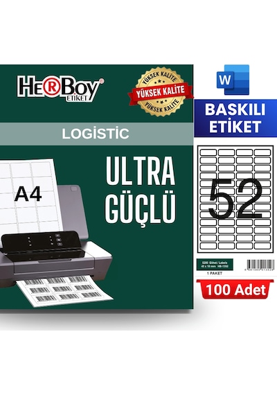 Herboy Hb-1352 43 X 18 Mm A4 Baskılı Laser Etiket 100 Adet