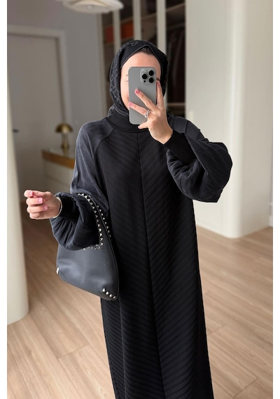 Kahijab Kendinden Desenli Yarım Balıkçı Merserize Elbise - Siyah
