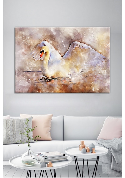 Kuğu Gölde Kuğu Suluboya Efektli Kanvas Tablo 70 x 50