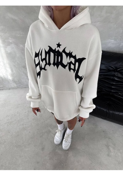 İkales Unisex Üç İplik Kapşonlu Baskılı Sweatshirt - Beyaz