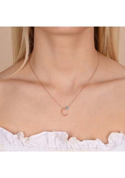 Rose Kaplama Nazar Boncuklu C Harfi Gümüş Kolye Gold - Rose Gold - Gümüş