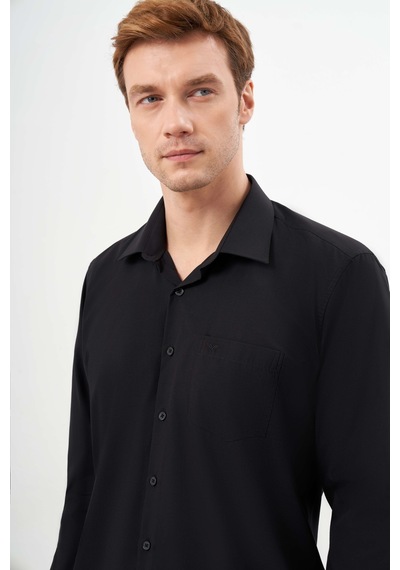 Morven Erkek Siyah Basic Düz Desen Cepli Sert Yaka Regular Fit Gömlek 24mc004057001 Siyah