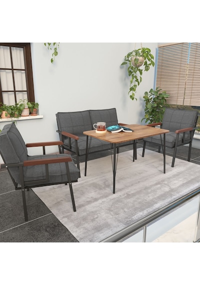 Mygusi Modern Balkon, Bahçe, Cafe - Metal Kanepe Koltuk Takımı - 2+1+1 Masa Koyugri Koyu Gri