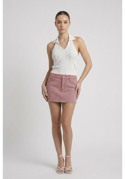 Neden Tekstil Kadın Polo Yaka Sırt Dekolteli Crop Bluz - Beyaz