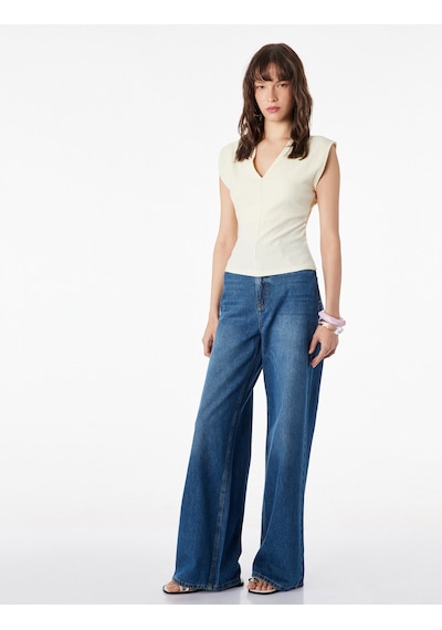 Koton Dokulu Kolsuz Slim Fit V Yaka Bluz Sarı 6sal30197ık