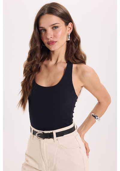 Tudors Kadın Slim Fit Dar Kesim Pamuklu Halter Yaka Kaşkorse Lacivert Crop-50710