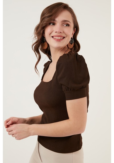Lela Kol Detaylı Kare Yaka Bayan Bluz 5869002 Kahve