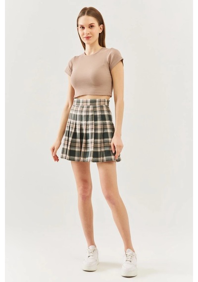 Butikgiz Kadın Kısa Kol Bisiklet Yaka Vücuda Oturan %100 Pamuklu Kaşkorse Esnek Crop Bluz Açık Kahve