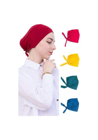 Modish Group Kadın Tesettür Bone Bağcıklı Dikişsiz Penye 4 Parça Set Bordo, Sarı, Zümrüt, Turkuaz