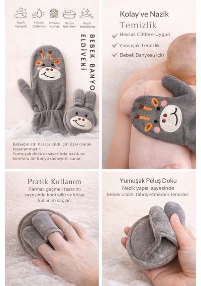 Bebek Banyo Eldiveni Ve Kesesi Seti - Oeko-tex Sertifikalı Pamuklu Yumuşak Peluş Bebek Lifi Gri Gri