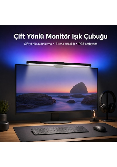 Dokunmatik Rgb Çift Yönlü Monitör Üstü Led Aydınlatma Monitör Işık Çubuğu 40cm