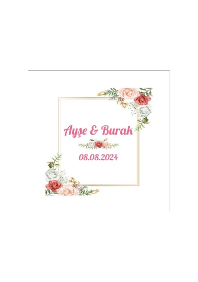 Altın Çerçeveli Çam Kozalaklı Etiket Kına Nişan Düğün 3x3 Cm Özel Etiket / 50 Adet Sticker Beyaz
