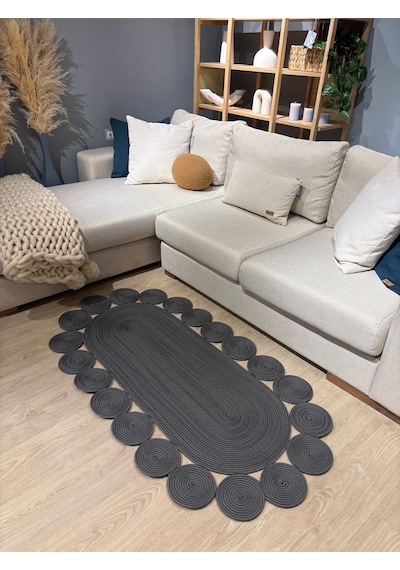 Mavaux Oval Papatya Hasır Jüt Çiçek Desenli Kilim Halı Antrasit