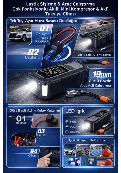 4 İn 1 1200mah Akü Takviye - Yüksek Güç - Lastik Şişirme Pompası - Powerbank - Led Işıklı - Dijital Gösterge - 868796021