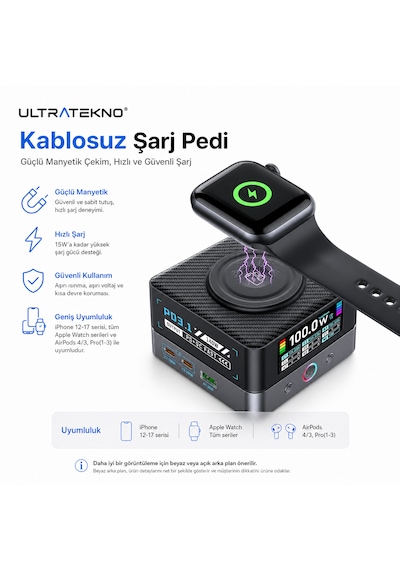 Ultratekno Wlx-r8a 680w Gan 8 Port Pd 3.1 Hızlı Şarj İstasyonu Kablosuz Şarj Destekli Usb Type-c Laptop Telefon Tablet Şarj Cihazı Siyah-Gri