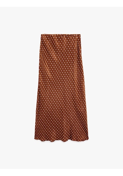 Koton Slim Fit Puantiye Desenli Midi Saten Etek Kahverengi Desenli 6sak70100ew