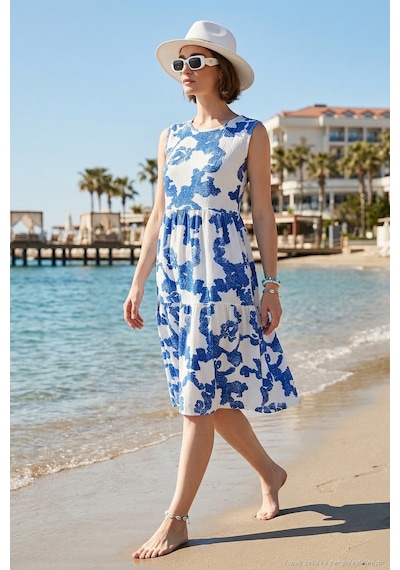 Lela Desenli Kolsuz Midi Bayan Elbise 5869007 Ekru-Saks