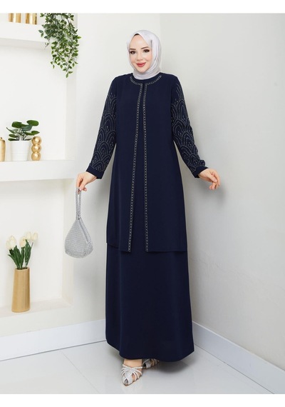 Eslemnur Kolları Taşlı Büyük Beden Anne Elbisesi Lacivert