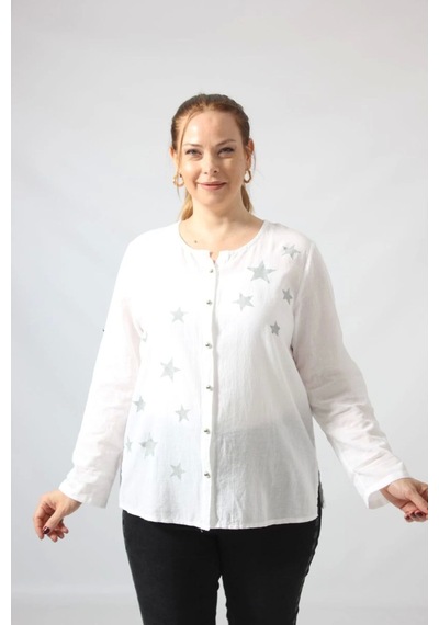 Moda Berray 3294 Beyaz Yıldız Baskılı Organik Keten Kumaş Mevsimlik Gömlek Beyaz