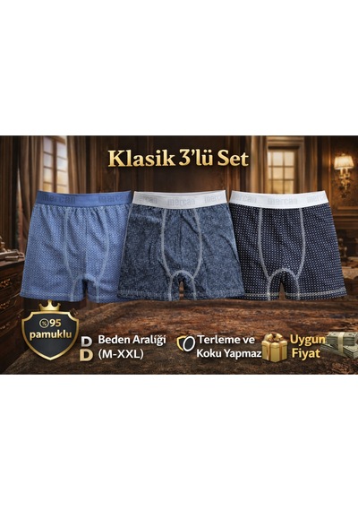 Mercan 3'lü Esnek Boxer - Klasik Seri, Rahat Kesim Çok Renkli
