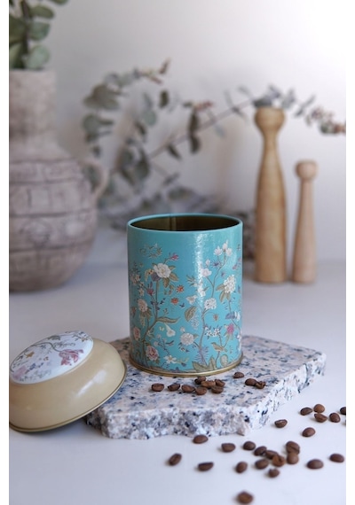 Flora Blue Desenli Yuvarlak Metal Saklama Kabı, 9 X 11 Cm, 0,6 Lt Desenli