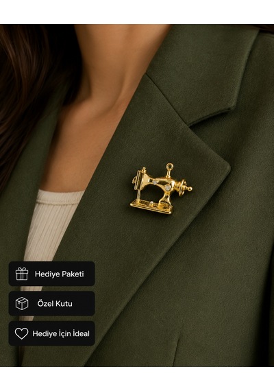 Altın Renk Dikiş Makinesi Kadın Broşu Terzi Ve Moda Tasarımcılarına Özel Açık Gri