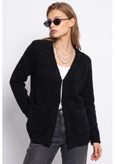 Mixray 7069 Kadın Buklet Dokulu Cepli Oversize Triko Hırka Siyah