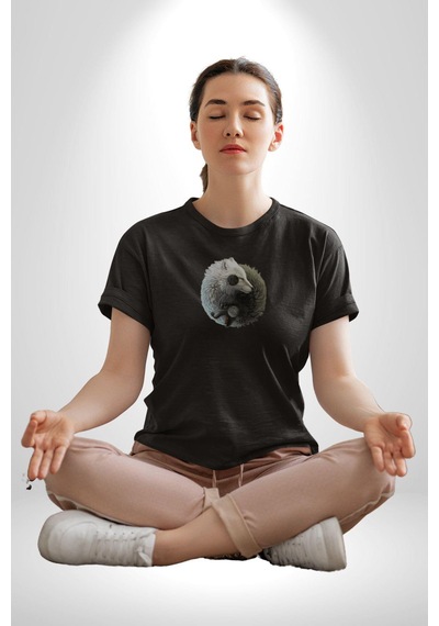 Yin İle Yang Siyah Siyah Kurt Unisex Unisex Siyah Organik Baskılı T-shirt Penye Yüksek Kalite Siyah