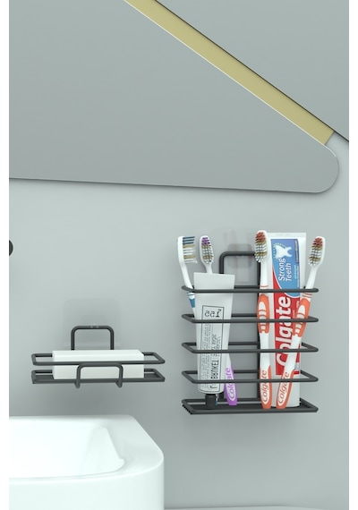 Zabata Yapışkanlı Metal Diş Fırçalık + Banyo Sabunluk 2li Set Siyah