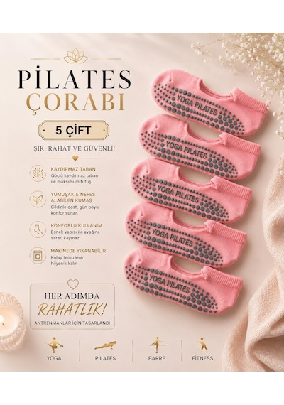 Çorap Vitrini Her Adımda Rahatlık: Kaymaz Tabanlı Pembe Pilates Çorabı Seti 5 Çift