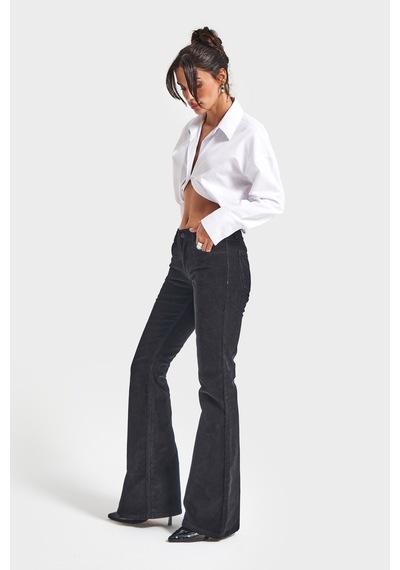 Itsbasic Kadın Siyah Renk 26w5-1 Low Waist Flare Fit İnce Fitilli Velvet Kadife Kumaş Pantolon