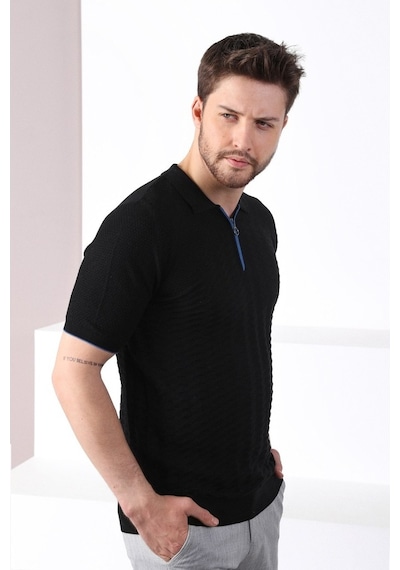 Ferraro Siyah Polo Yaka Fermuarlı Erkek Pamuk Triko T-Shirt-Siyah (417942134) Siyah
